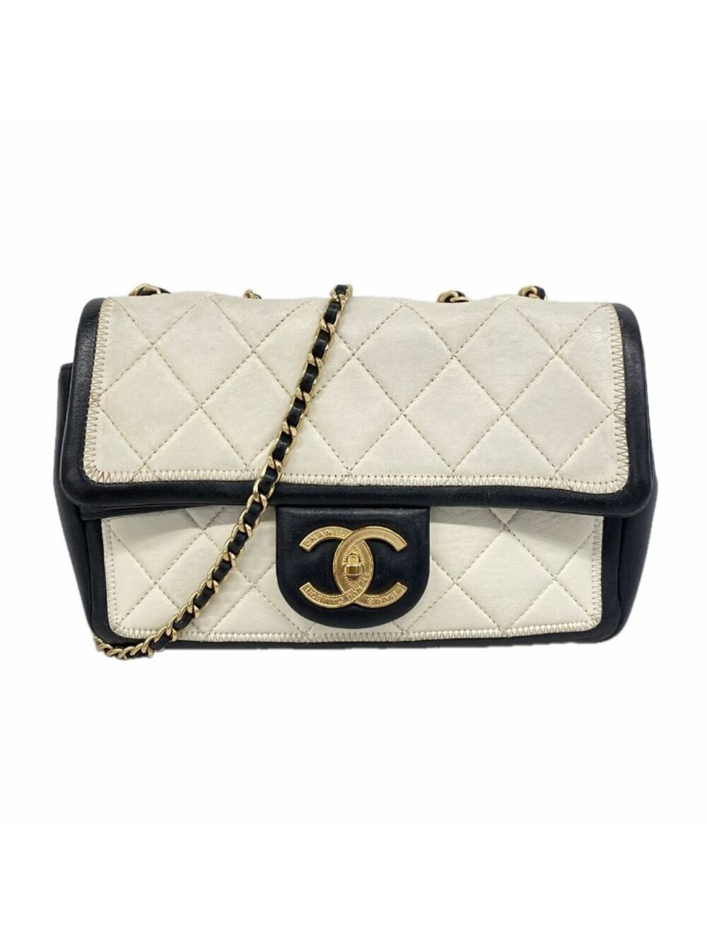 Chanel Shoulder Bag Quilted Lambskin White Black Gold